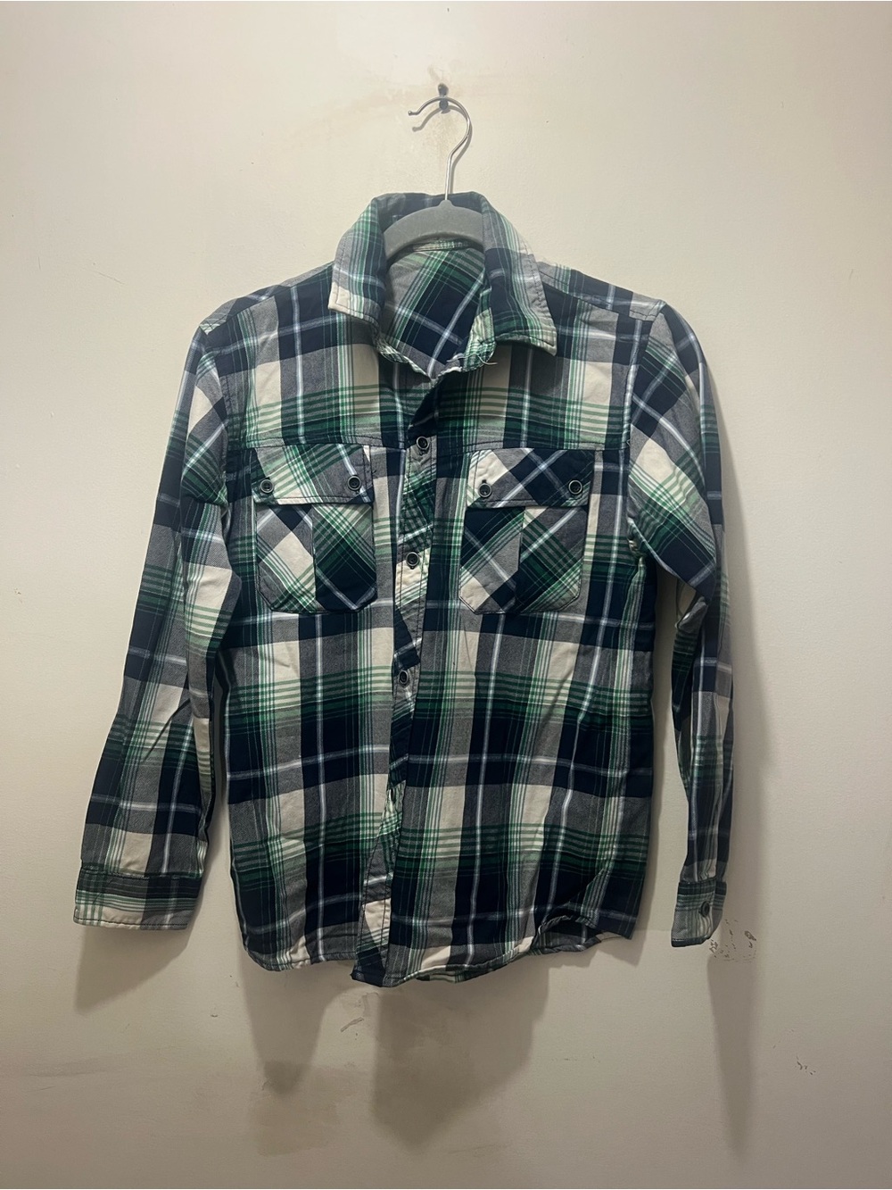Boy’s Green and Navy Plaid Button-Up Shirt
